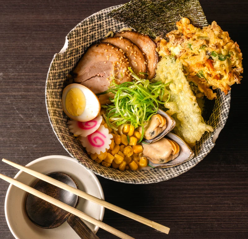 Deluxe ramen with chashu, egg and tempura at a Japanese restaurant in northwest Calgary