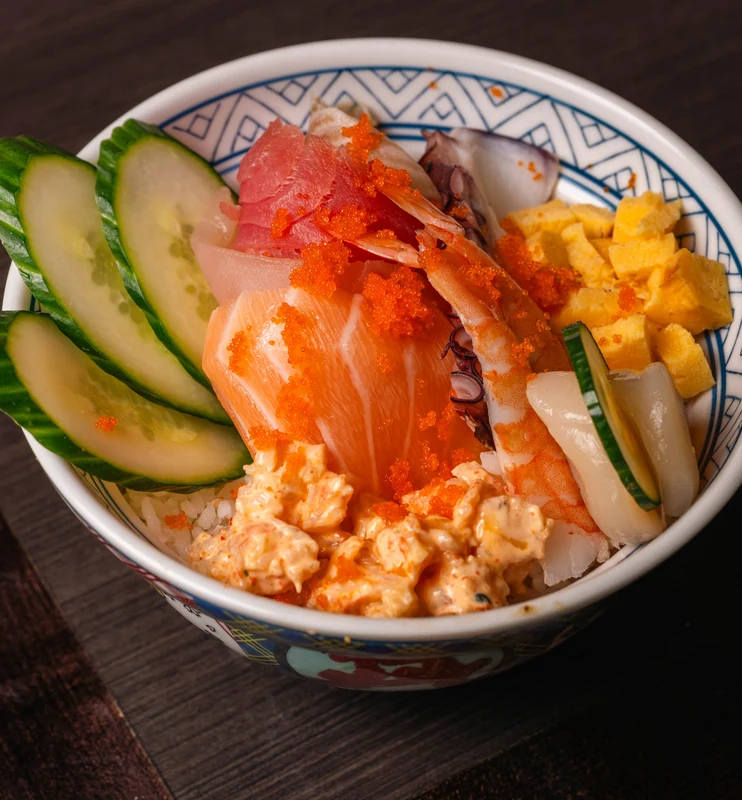 Chirashi don with fresh salmon, tuna and cucumber at Kon'ya Japan Calgary