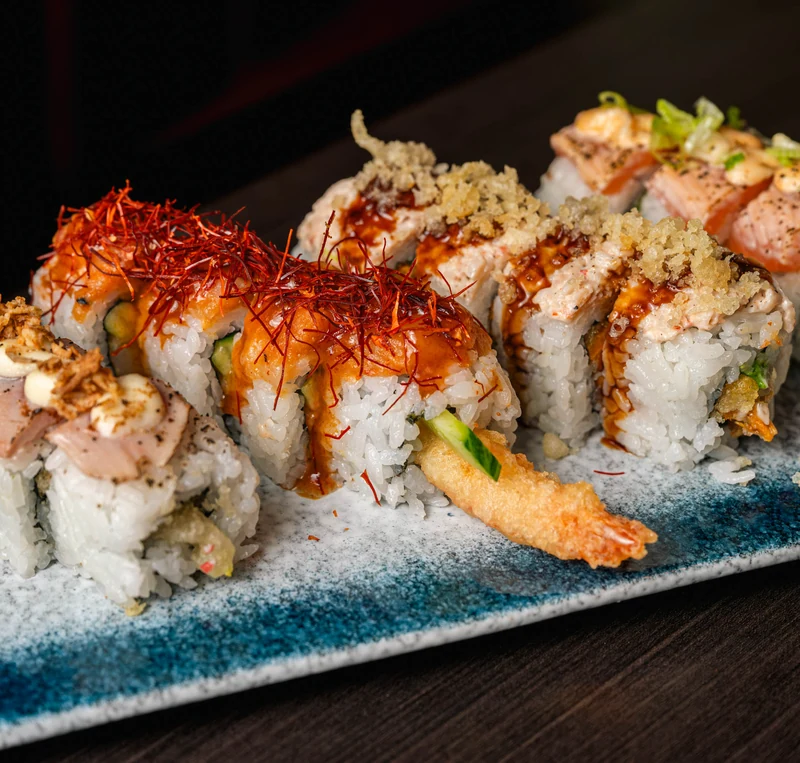 Aburi and crispy specialty sushi rolls at a Japanese restaurant near Kincora
